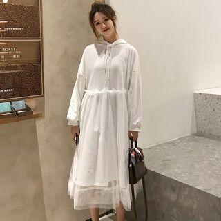 Mesh Panel Hooded Long-sleeve Dress White - One Size