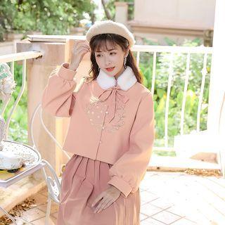 Set: Long-sleeve Faux Fur Trim Embroidered Top + Midi A-line Skirt