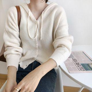 Long-sleeve V-neck Single-breasted Plain Knit Hooded Cardigan