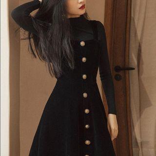 Set: Long-sleeve Top + Single-breasted Midi A-line Dress
