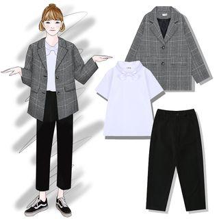 Tie-neck Short-sleeve Top / Plaid Blazer / Straight-cut Pants