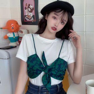 Mock Two-piece Short-sleeve Bow-front Leaf Print T-shirt