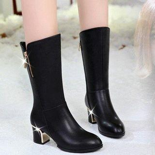 Contrast Trim Block Heel Mid Calf Boots