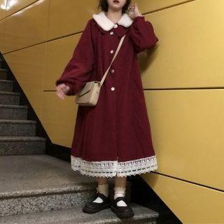 Fleece Collar Button-up Coat Dress / Long-sleeve Midi Dress
