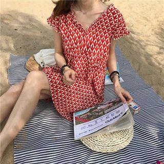 Patterned V-neck Sleeveless Dress Red - One Size