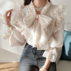 Bell Sleeve Bow Accent Lace Panel Ruffled Shirt Beige - One Size