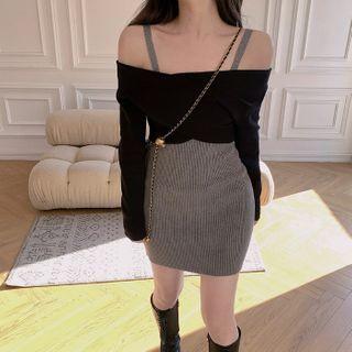 Long-sleeve Off-shoulder Crop Top / Spaghetti Strap Mini A-line Dress