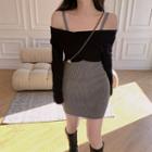 Long-sleeve Off-shoulder Crop Top / Spaghetti Strap Mini A-line Dress