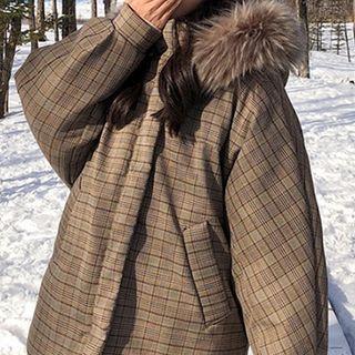 Furry-trim Hooded Plaid Padded Coat As Shown In Figure - One Size