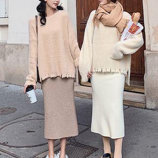 Ripped Sweater / Midi Knit Skirt