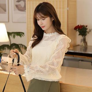 Crochet-trim Smocked-hem Lace Top
