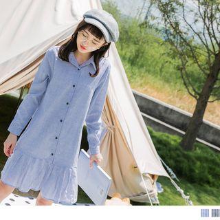 Ruffled Hem Long Sleeve Striped Shirtdress