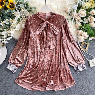 Tie-neck Lace-cuff Velvet A-line Dress