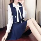 Set: Plain Bow Accent Shirt + Double Breasted Pinafore Dress