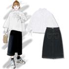 Plain Blouse / Denim Midi Skirt