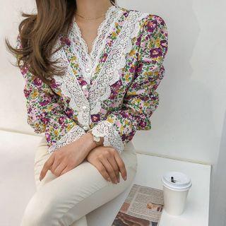 Lace-trim Bloom Blouse Purple - One Size