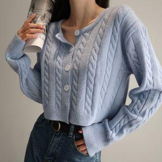 Plain Crewneck Cable-knit Long-sleeve Cardigan