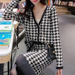 Set: Fray Trim Houndstooth Knit Cardigan + Houndstooth Knit Skirt