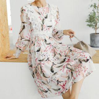 Lace-panel Floral A-line Dress
