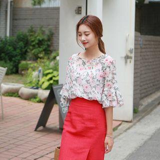 Frilled Elbow-sleeve Floral Print Top