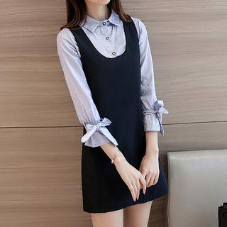 Set: Striped 3/4-sleeve Shirt + Pinafore Dress