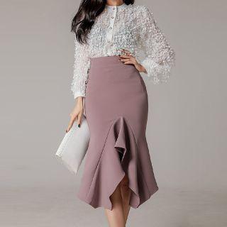 Set: Button-up Blouse + Ruffle Hem Midi Pencil Skirt