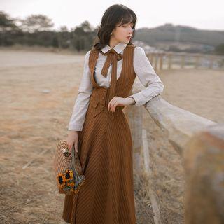 Set: Bow Shirt + Pinstriped Buttoned Vest + Midi A-line Skirt
