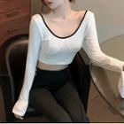 U-neck Contrast Trim Long Sleeve Crop Top White - One Size