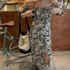 Short-sleeve Off-shoulder Floral Midi Sheath Dress