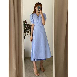 Plain / Stripe Pleated Maxi Wrap Dress
