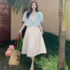 Puff Sleeve Crop Blazer / V-neck Lace Trim Strappy Midi Dress