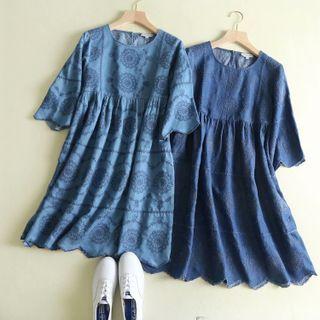 Short-sleeve Flower Embroidered Denim A-line Dress