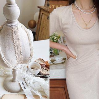 Faux-pearl Layered Necklace Ivory - One Size