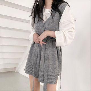 Plain Knit Long Vest / Long-sleeve Loose-fit T-shirt