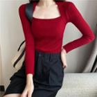 U-neck Mock Two-piece Ribbed Knit Top