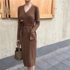Long-sleeve Button-front Midi Knit Dress