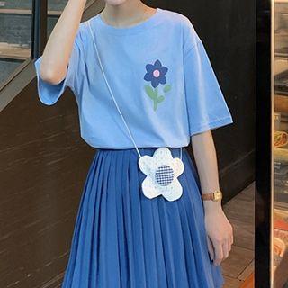 Flower Print Elbow-sleeve T-shirt / Mini A-line Skirt