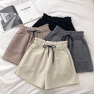 Plain High-waist Double-pocket Acrylic Shorts