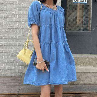 Puff-sleeve Tiered Denim Dress Blue - One Size