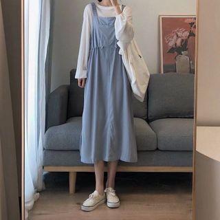 Puff-sleeve Plain T-shirt / Midi Overall Dress / Set