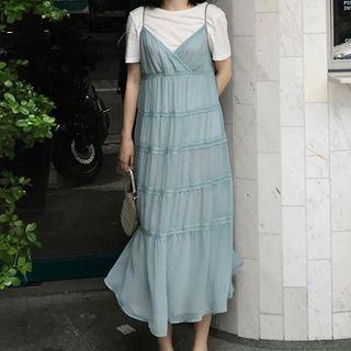 Spaghetti Strap Perforated Trim A-line Midi Dress