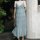 Spaghetti Strap Perforated Trim A-line Midi Dress