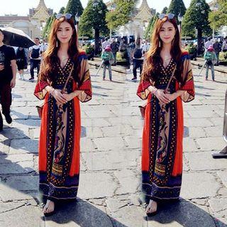 Patterned Elbow-sleeve Maxi Sun Dress