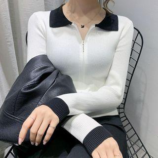 Contrast Collar Zip Cardigan