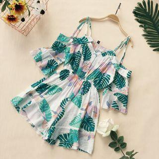 Leaf Print Off Shoulder Elbow Sleeve Playsuit