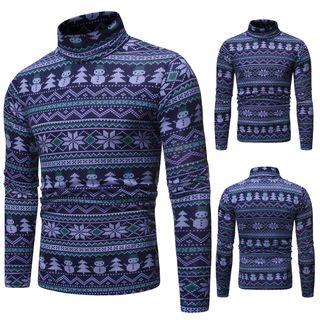 Mock-turtleneck Long-sleeve Snowman Print T-shirt