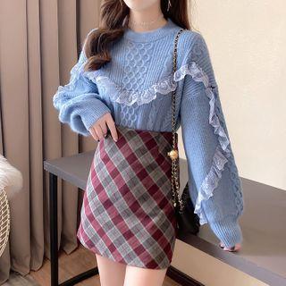 Set: Cable Knit Sweater + Plaid Mini Skirt