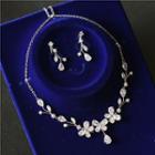 Wedding Set: Faux Crystal Branches Choker + Dangle Earring Necklace & 1 Pair - Clip On Earring - One Size