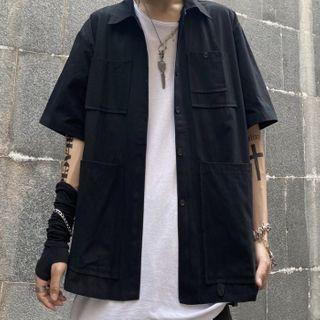 Couple Matching Elbow-sleeve Front Pocket Shirt