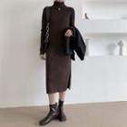 Turtleneck Long Sleeve Side-slit Knit Dress